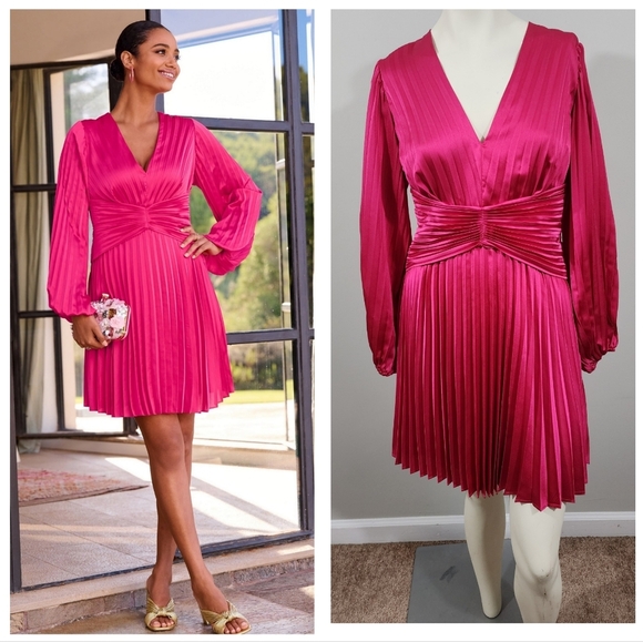 Boston Proper Dresses & Skirts - NWT Boston Proper Long Sleeve Satin Pleated fit Flare party Dress Size 8 Pink